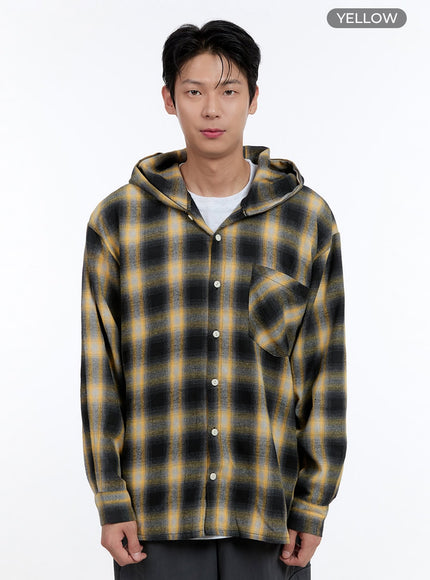 mens-checkered-hooded-cotton-shirt-ig428 / Yellow