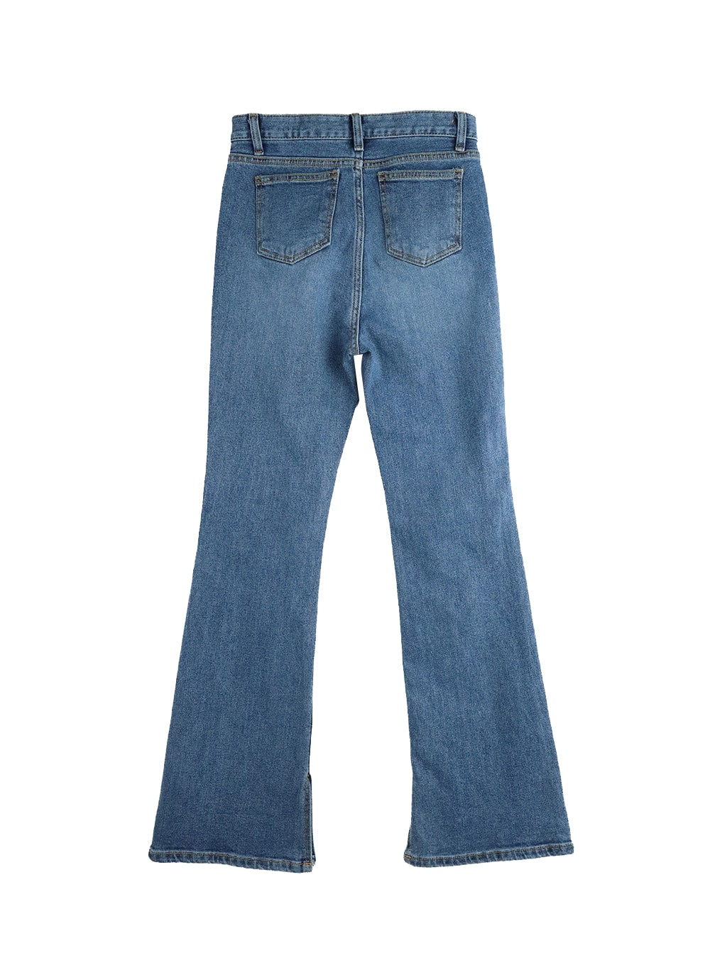 Vintage Flared Jeans IM414 in blue, flat back product shot, washed cotton denim showing dual back pockets, belt loops, and flared hem with slit, no model.