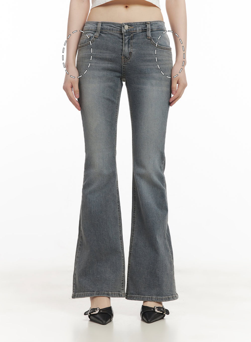 Rachel Washed Bootcut Jeans with Hip Pads CF518 in gray, front view with dashed circles highlighting built-in hip pad placement at both hips, low-waist washed bootcut denim.