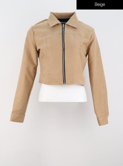 suede-zip-up-top-is322 / Beige