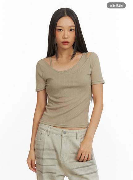 scoop-neck-layered-crop-tee-iy422 / Beige