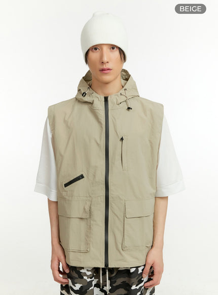 mens-hooded-nylon-vest-il418 / Beige