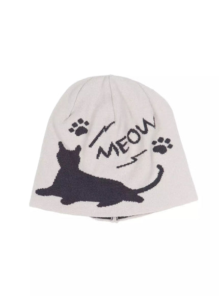 meow-print-two-way-beanie-iu518 / Beige