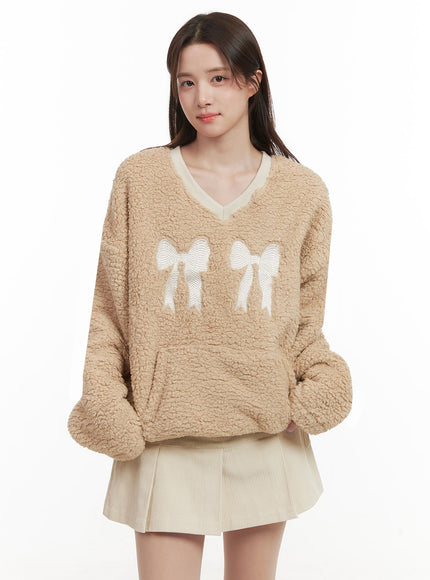 furry-sweetheart-ribbon-sweatshirt-ij510 / Beige