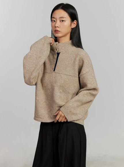 contrast-collar-knit-top-ij505 / Beige