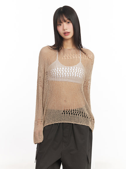 mesh-patterned-knit-top-ia521 / Beige