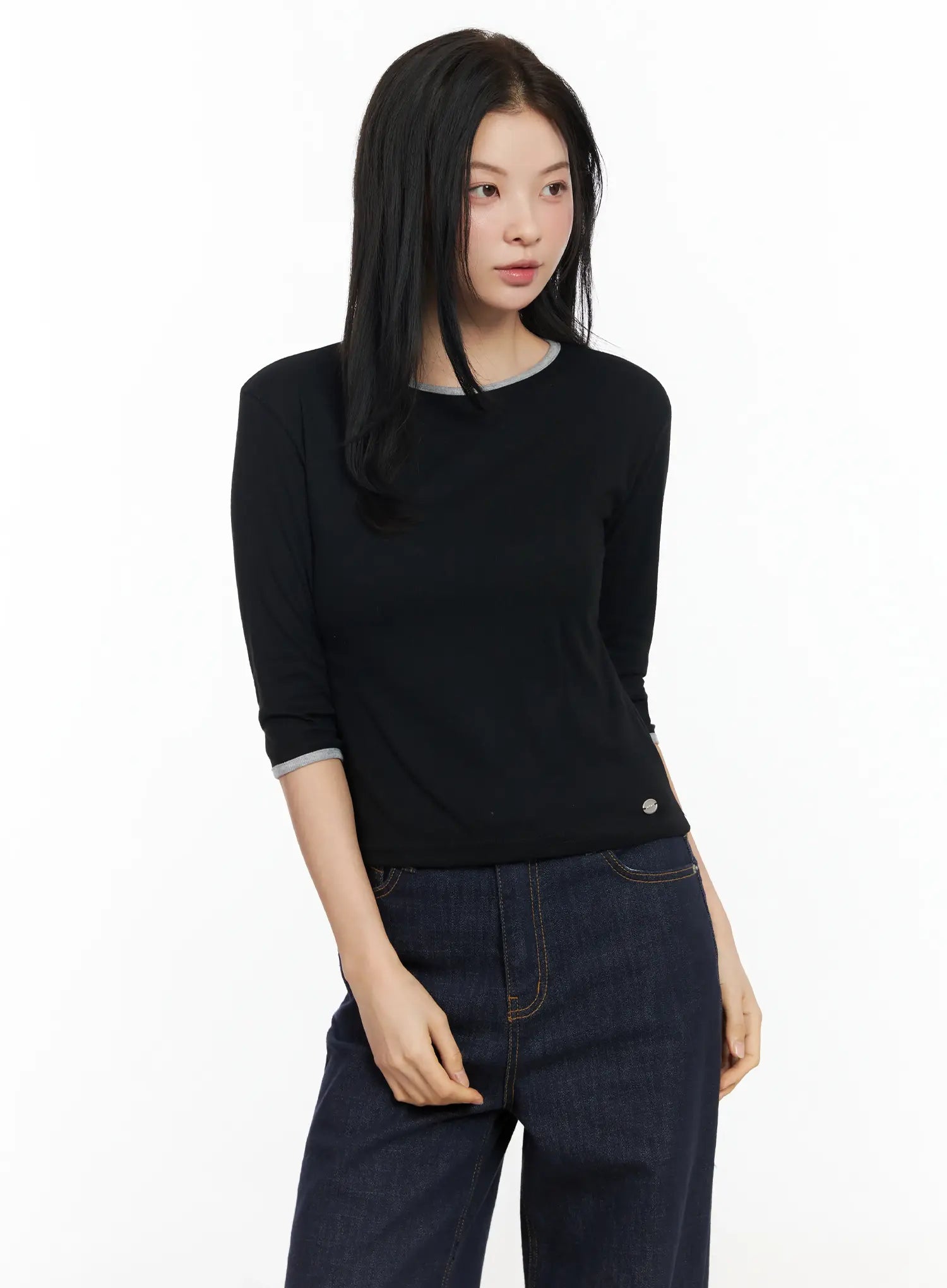 two-color-quarter-sleeve-top-im524 / Black