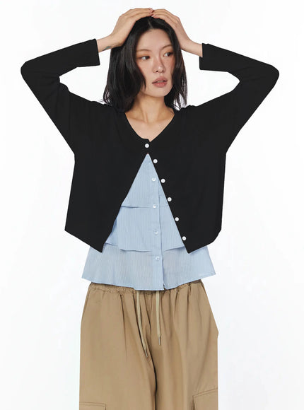 sheer-layered-loose-cardigan-iu509 / Black