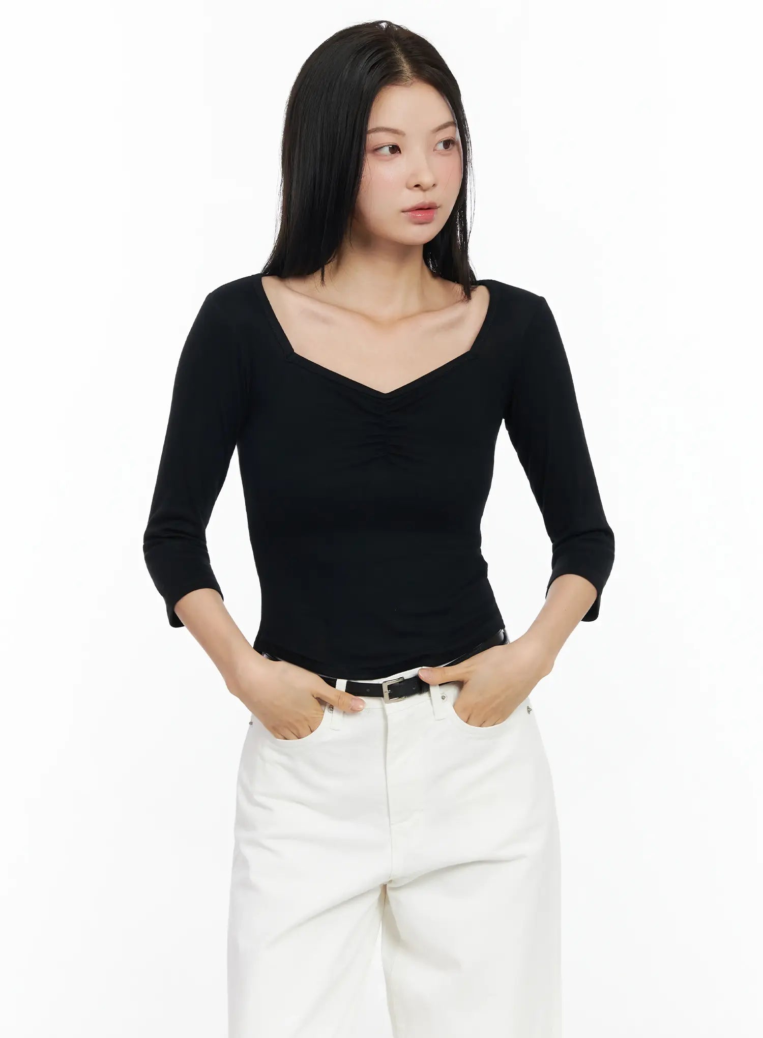 heart-neck-long-sleeve-top-im524 / Black