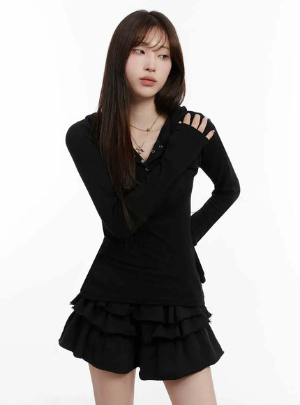 v-neck-button-slim-hooded-top-ij516 / Black