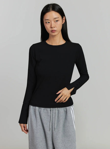 button-sleeve-ribbed-top-ij505 / Black