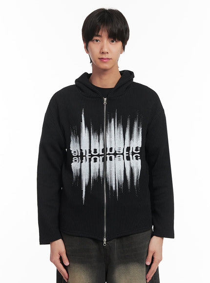 mens-ribbed-knit-graphic-hooded-jacket-ia511 / Black
