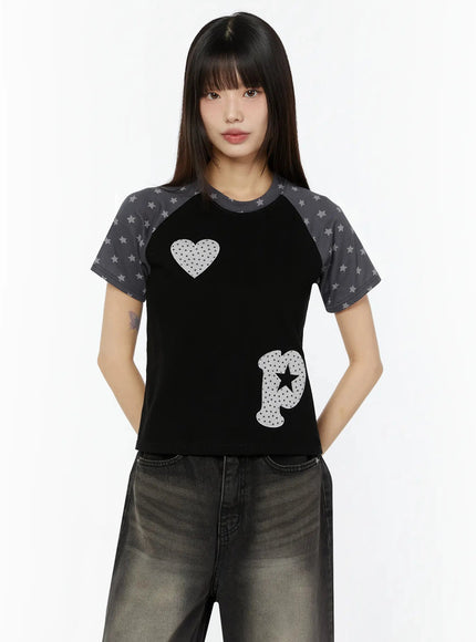 heart-accent-casual-t-shirt-iu518 / Black