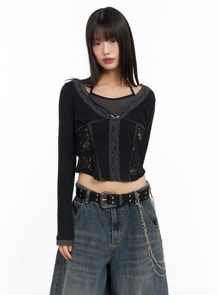 lace-halter-long-sleeve-top-in503 / Black