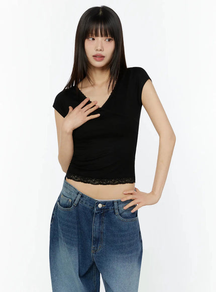 lace-trim-layered-crop-tee-iu518 / Black