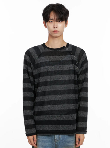 mens-striped-snap-button-long-sleeve-shirt-io516 / Black