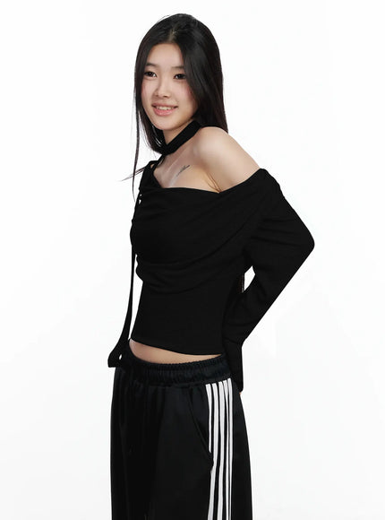 ribbed-off-shoulder-top-and-scarf-set-im506 / Black