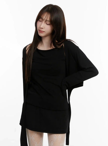 tie-layered-knit-cami-cardigan-set-ij516 / Black