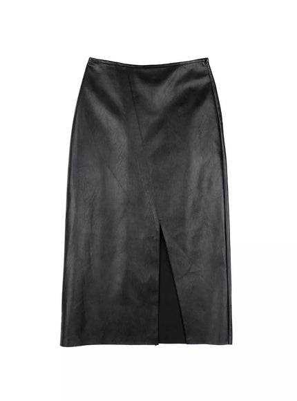 slit-faux-leather-maxi-skirt-id504 / Black