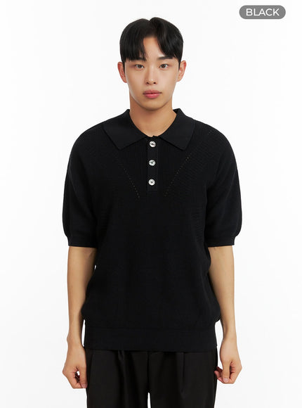 mens-cotton-collar-buttoned-t-shirt-iu414 / Black