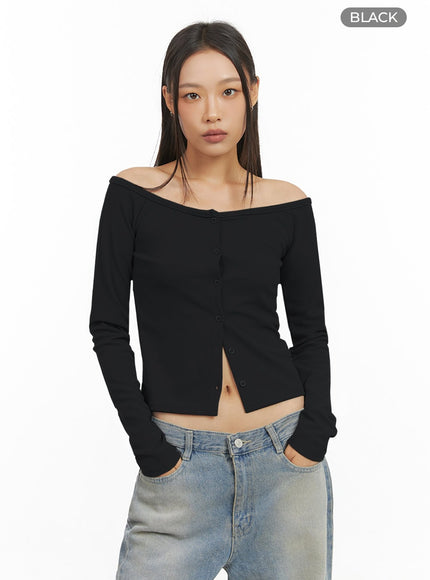 buttoned-off-shoulder-cotton-cardigan-is427 / Black