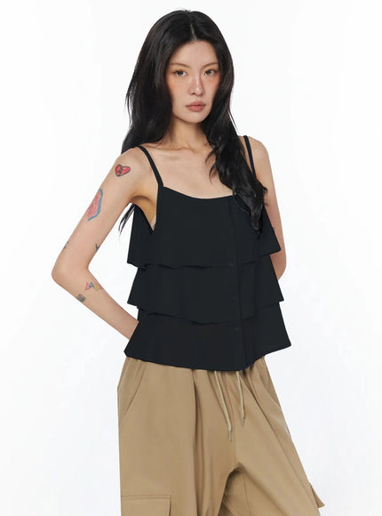 layered-ruffle-stitch-blouse-iu509 / Black