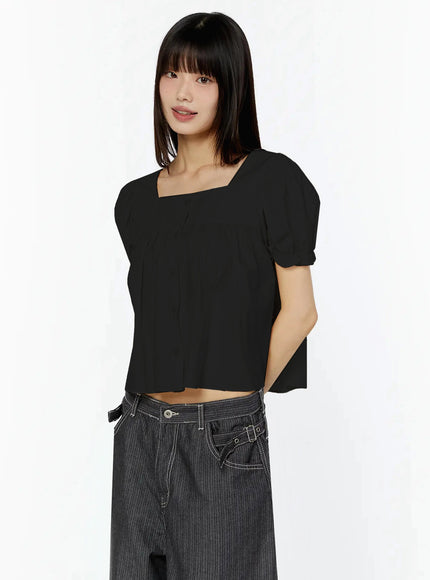 square-neck-puff-sleeve-blouse-iu518 / Black