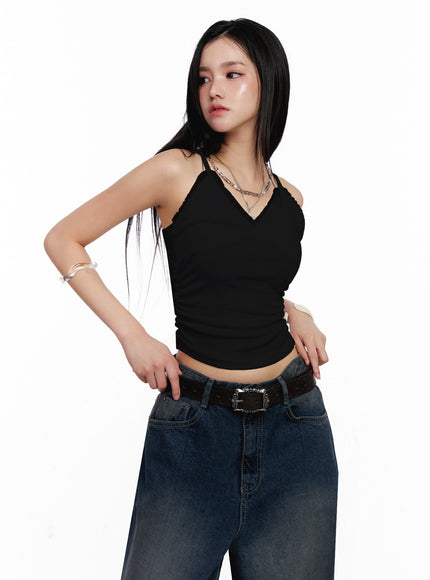 sleeveless-ruched-lace-cami-is525 / Black