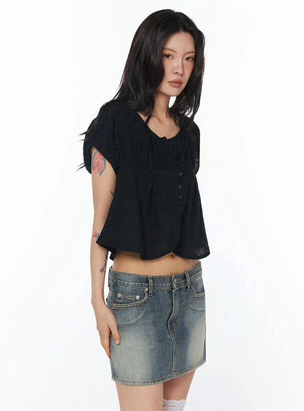 plaid-puff-sleeve-blouse-iu509 / Black