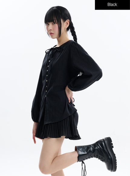 collarless-bowknot-long-sleeve-blouse-if413 / Black