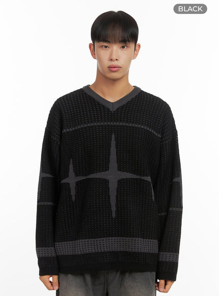 mens-v-neck-graphic-punched-sweater-io420 / Black