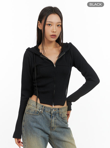 chic-ribbed-zip-up-hooded-top-is427 / Black