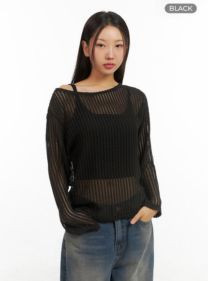 one-shoulder-see-through-knit-top-is402 / Black