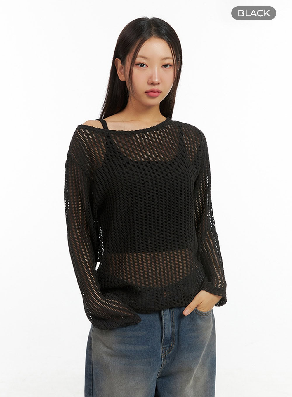 one-shoulder-see-through-knit-top-is402 / Black