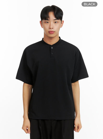 mens-buttoned-solid-t-shirt-iu414 / Black