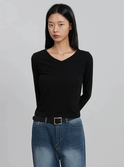 v-neck-long-sleeve-tee-id516 / Black
