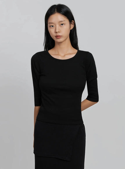 quarter-sleeve-round-neck-top-id516 / Black