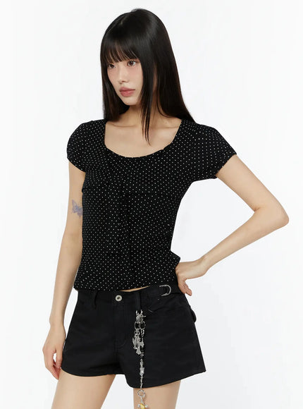 polka-dot-puff-sleeve-top-iu518 / Black