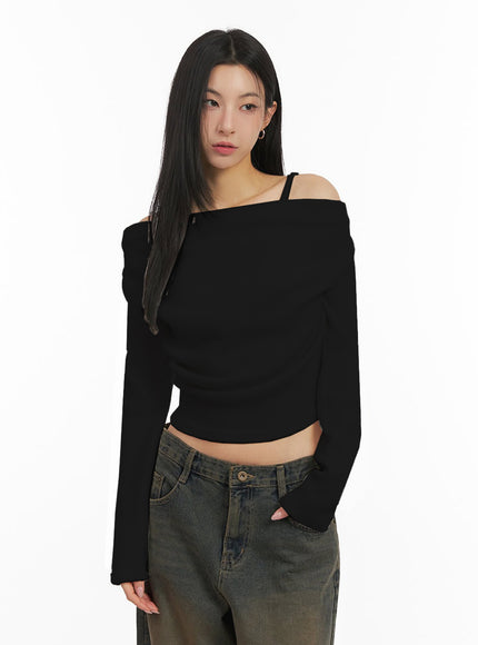 classic-off-shoulder-long-sleeve-crop-tee-id431 / Black