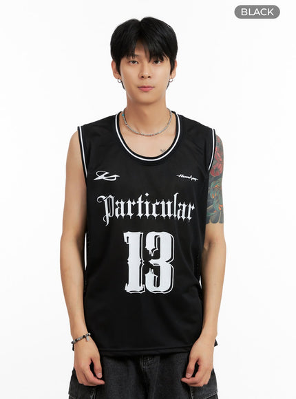 mens-lettering-loose-fit-sleeveless-t-shirt-ig402 / Black