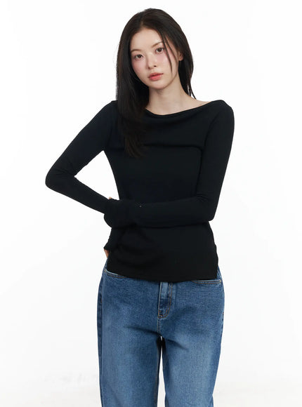 boat-neck-slit-side-long-sleeve-top-if524 / Black