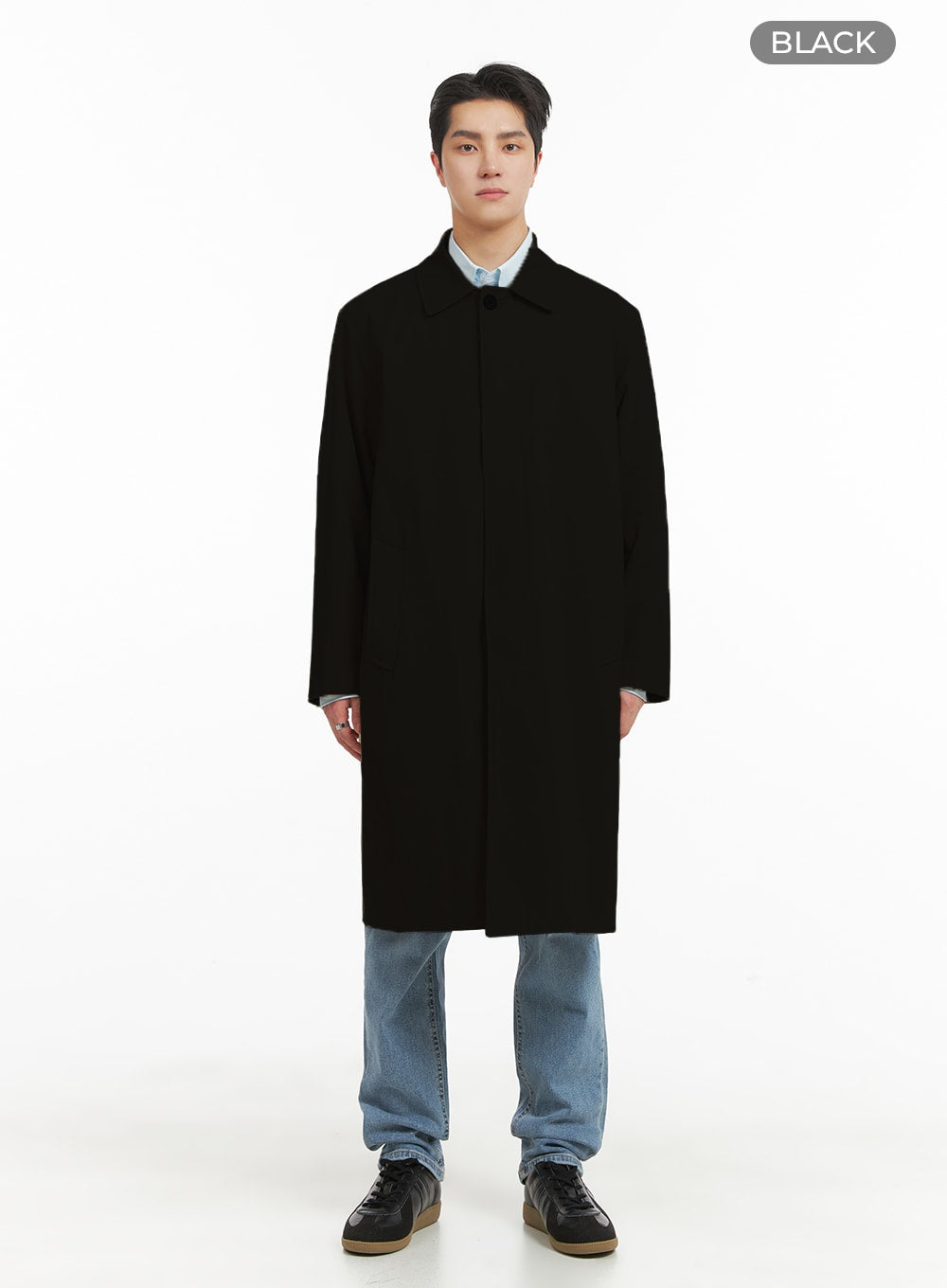 mens-solid-cotton-trench-coat-ia401 / Black