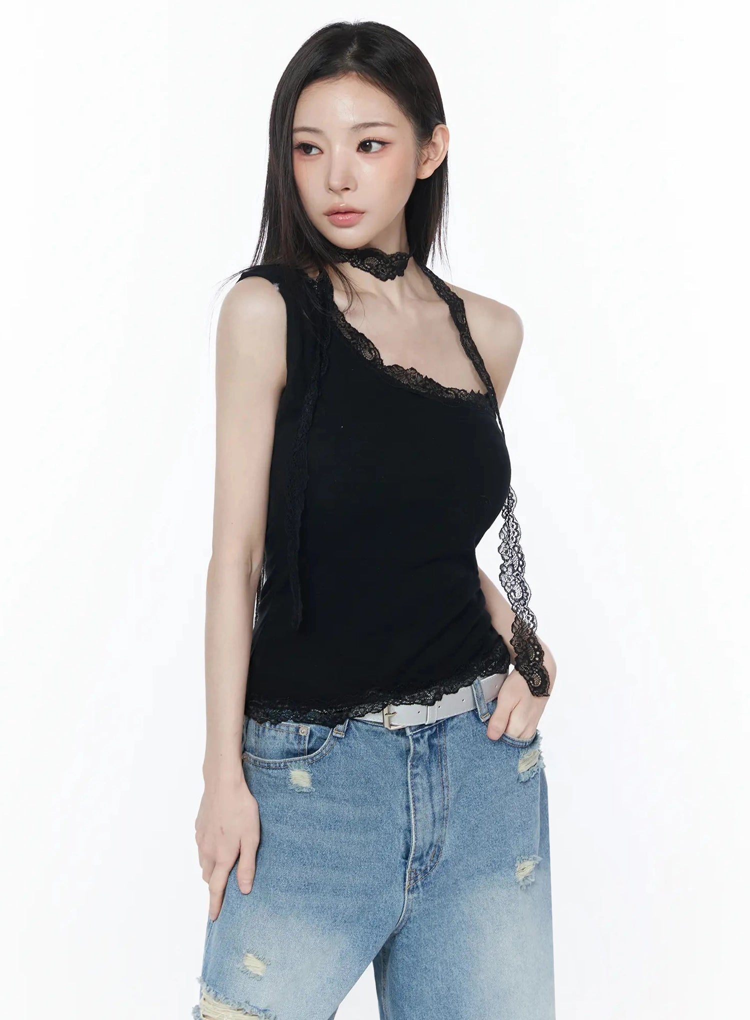 lace-trim-asymmetric-tank-top-iu512 / Black