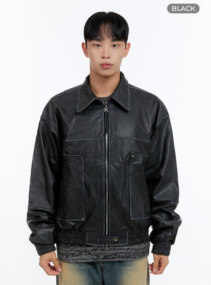 mens-washed-vintage-zip-up-leather-jacket-is413 / Black