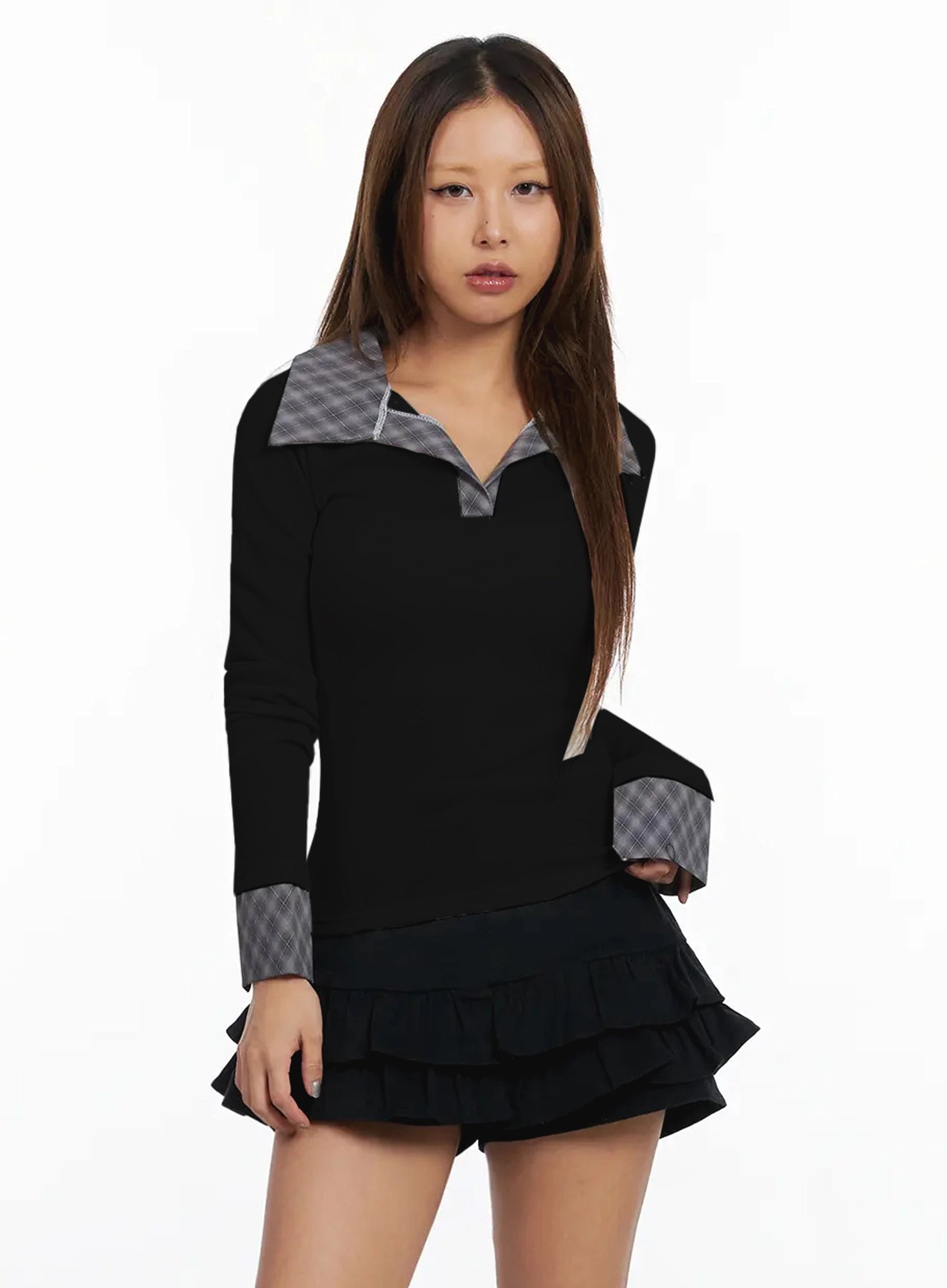 checkered-collar-top-in528 / Black