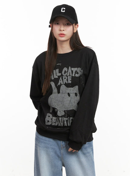 oversized-cat-graphic-crew-neck-ij527 / Black