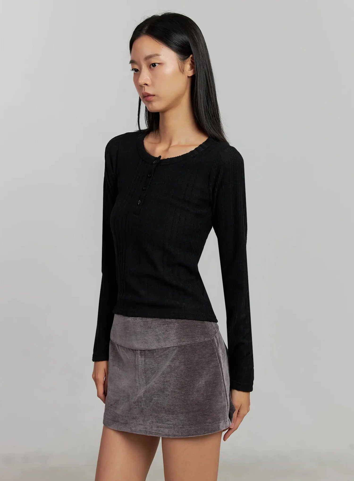 ribbed-henley-long-sleeve-top-ij502 / Black
