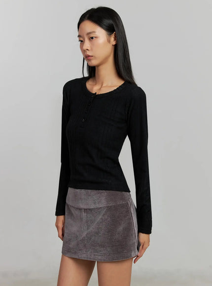 ribbed-henley-long-sleeve-top-ij502 / Black