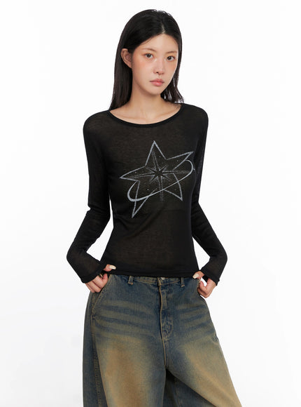 sheer-star-graphic-long-sleeve-top-is508 / Black