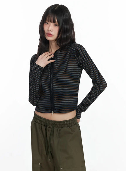 slim-fit-striped-zip-up-hoodie-f516 / Black